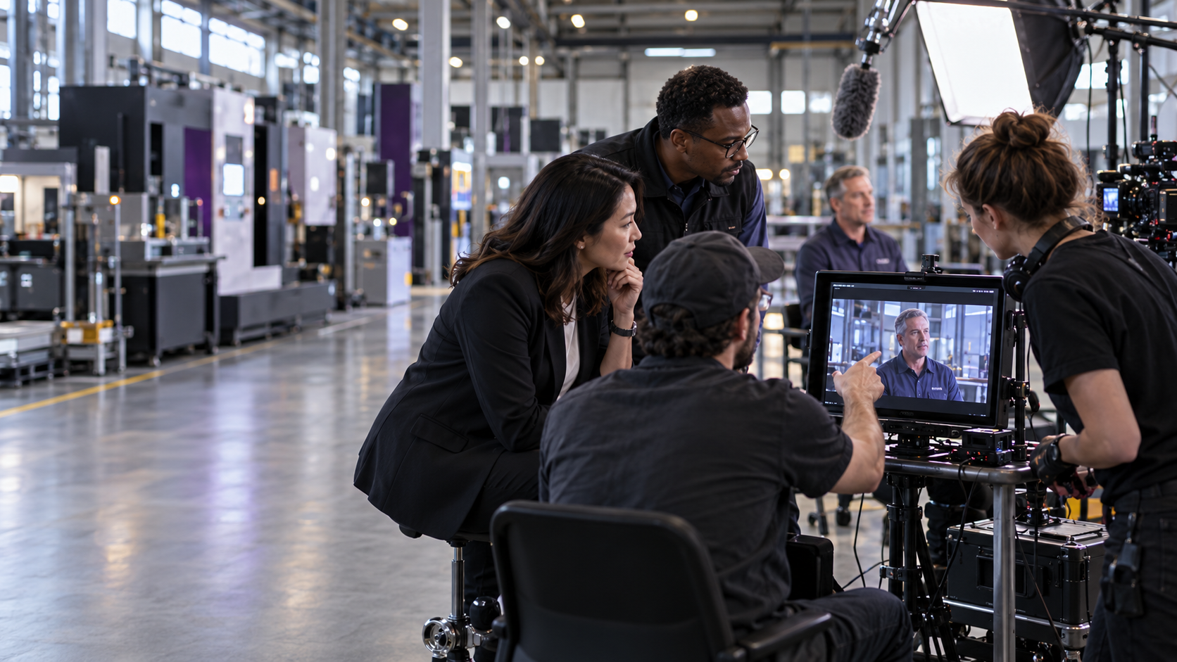 A B2B marketing executive and professional video crew reviewing a customer interview in a modern industrial facility.