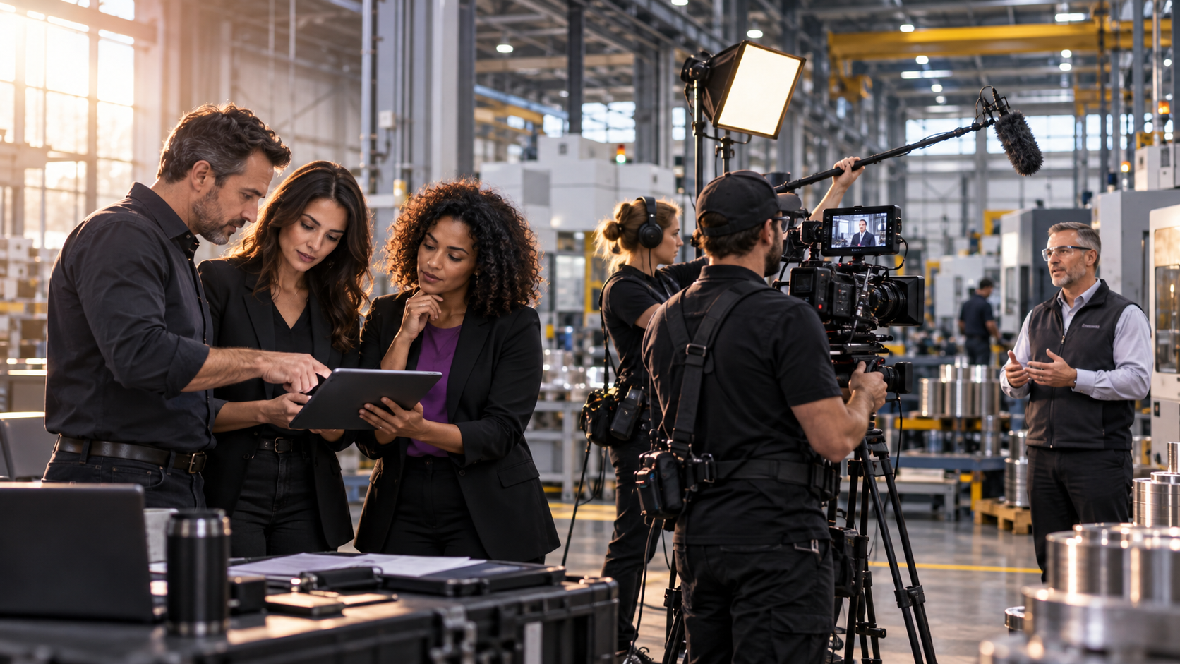 Digital marketing strategists and a professional video crew collaborating on a B2B customer testimonial production inside a manufacturing facility.